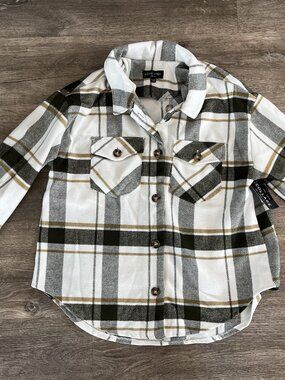 Women's Collage Boutique Love Tree Olive White Cream Brown Plaid Shacket